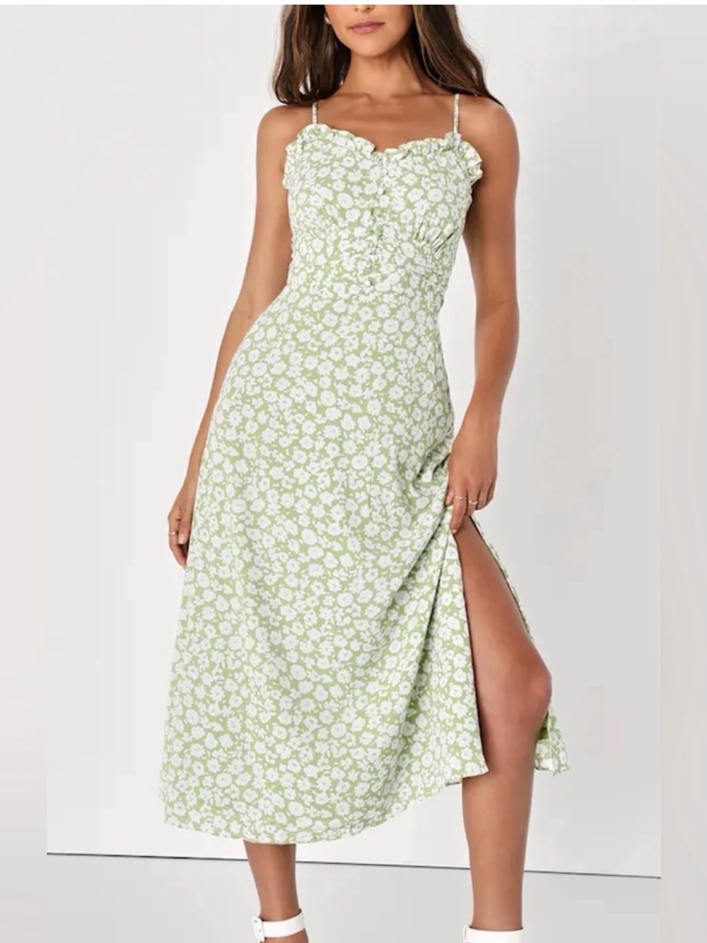 Lulus Timeless Touch Green Floral Print A Line Midi Dress Size Small